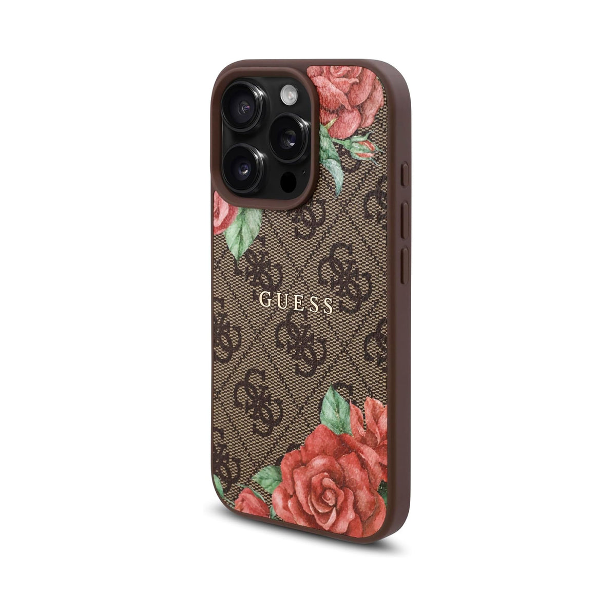 Guess Funda de Polipiel 4G Rosas para iPhone 16 Pro Max Compatible con MagSafe y Protección Anticaídas, Marrón