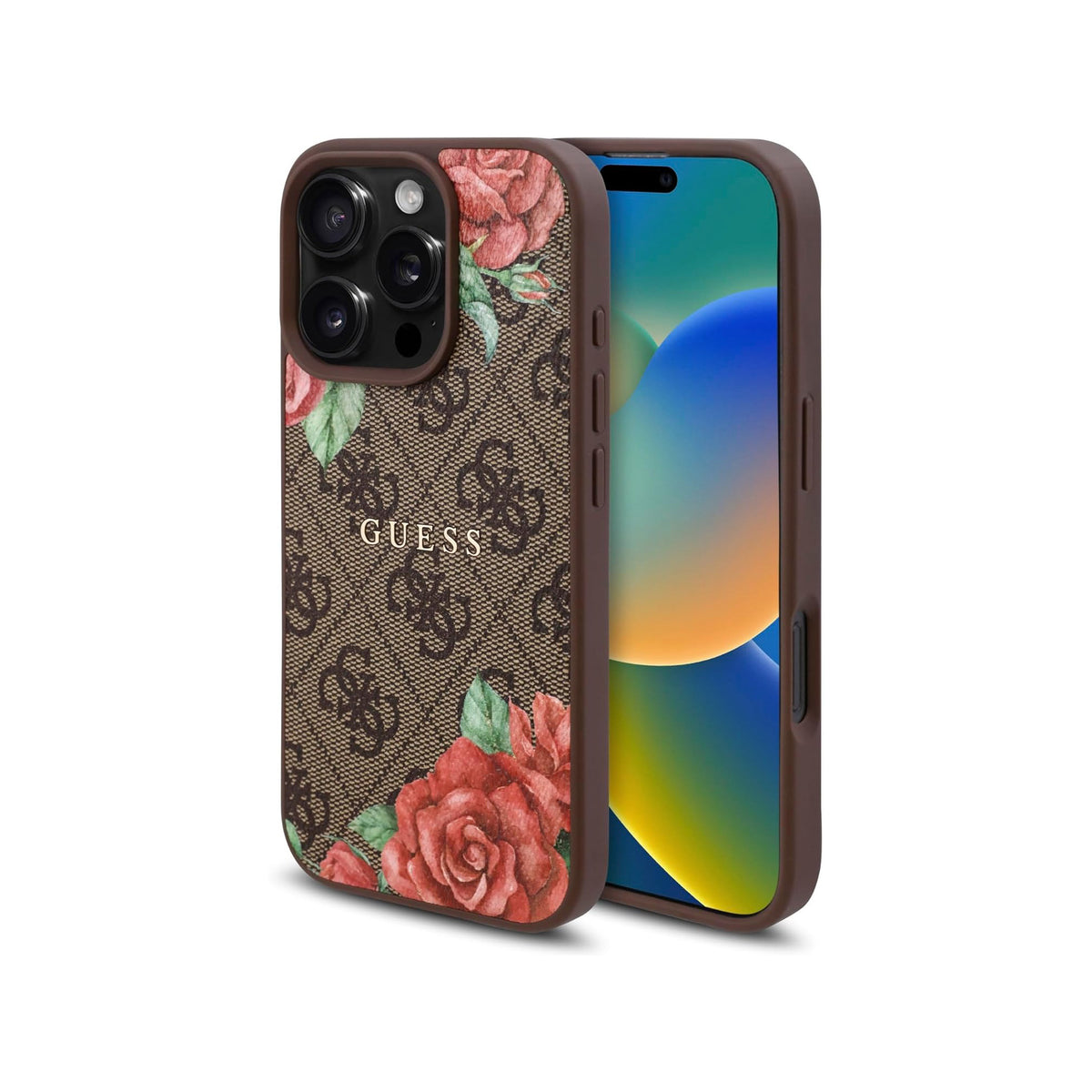 Guess Funda de Polipiel 4G Rosas para iPhone 16 Pro Max Compatible con MagSafe y Protección Anticaídas, Marrón