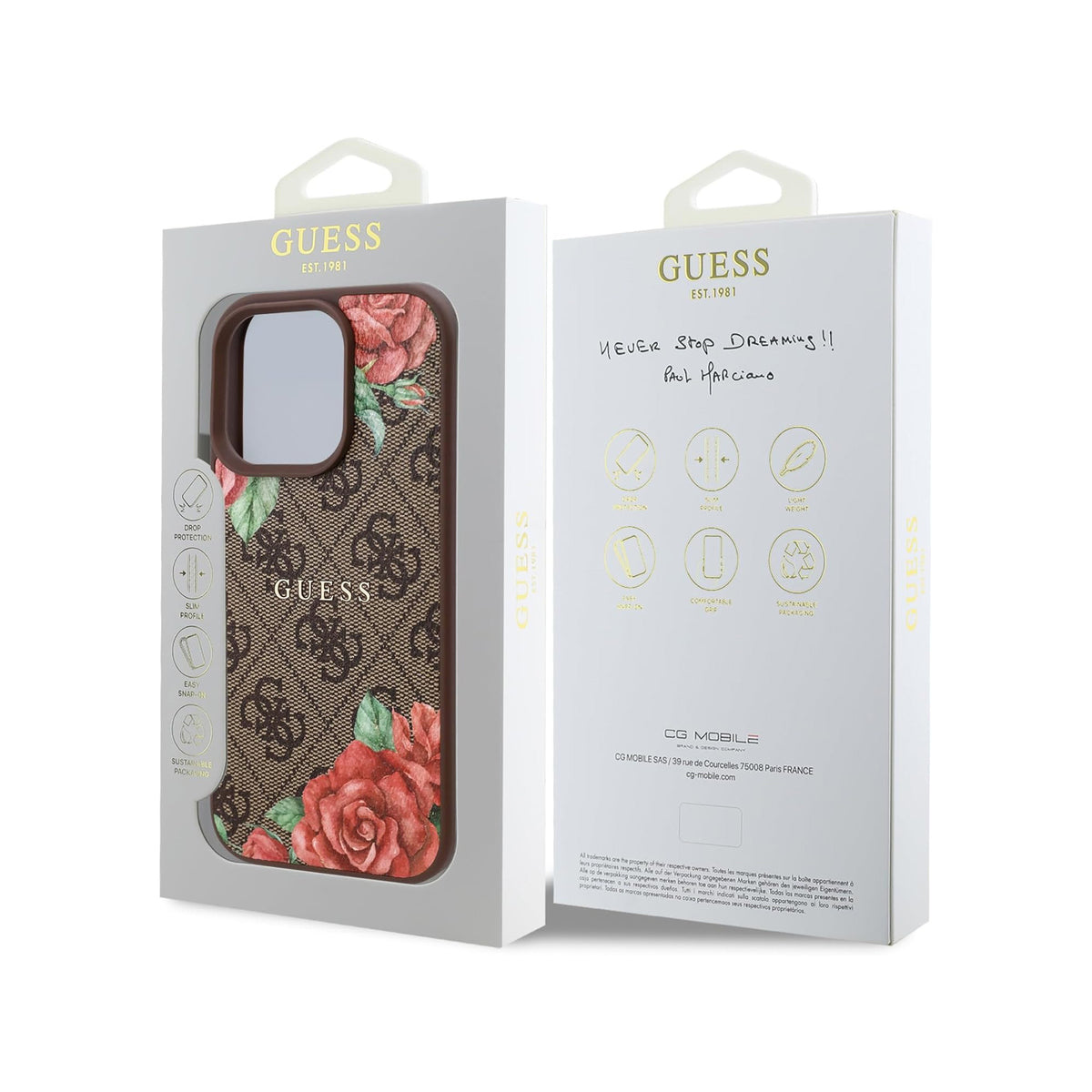 Guess Funda de Polipiel 4G Rosas para iPhone 16 Pro Max Compatible con MagSafe y Protección Anticaídas, Marrón