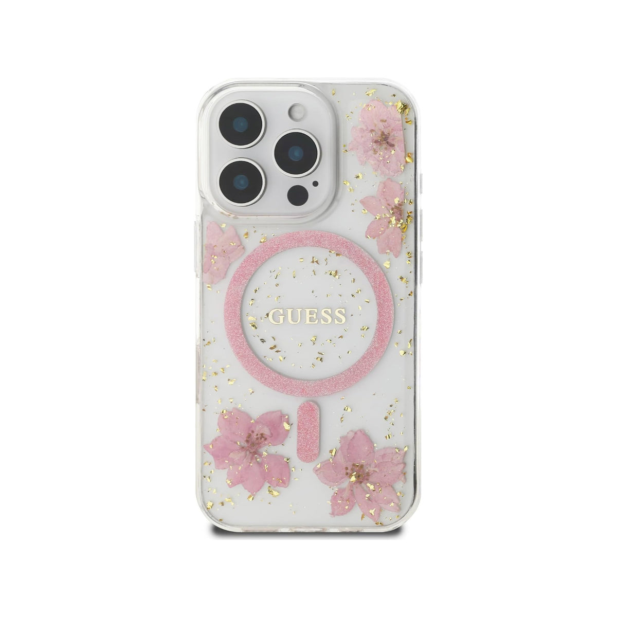 Guess Funda Flores Brillantes para iPhone 16 Pro Max Compatible con MagSafe y Protección Anticaídas, Transparente
