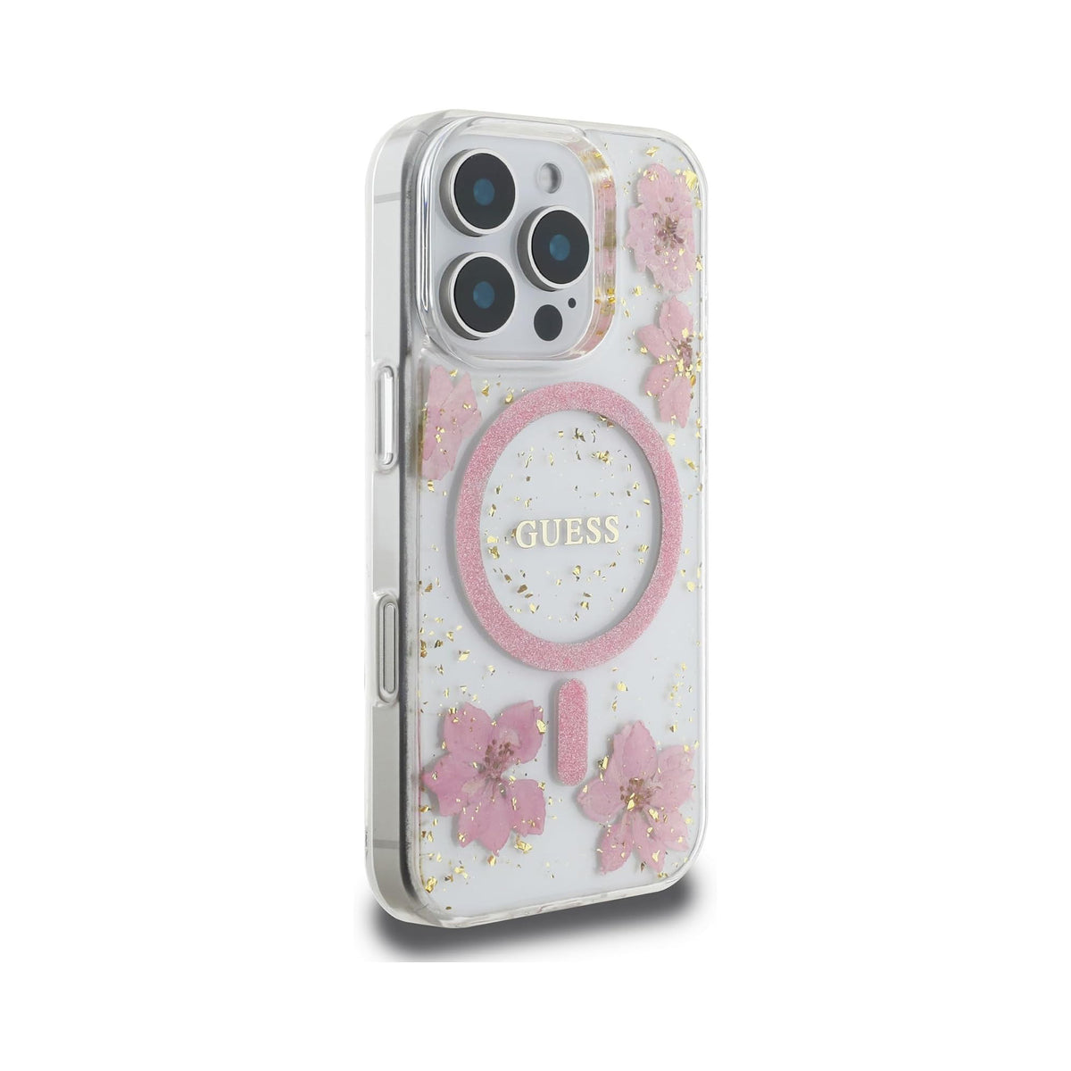 Guess Funda Flores Brillantes para iPhone 16 Pro Max Compatible con MagSafe y Protección Anticaídas, Transparente