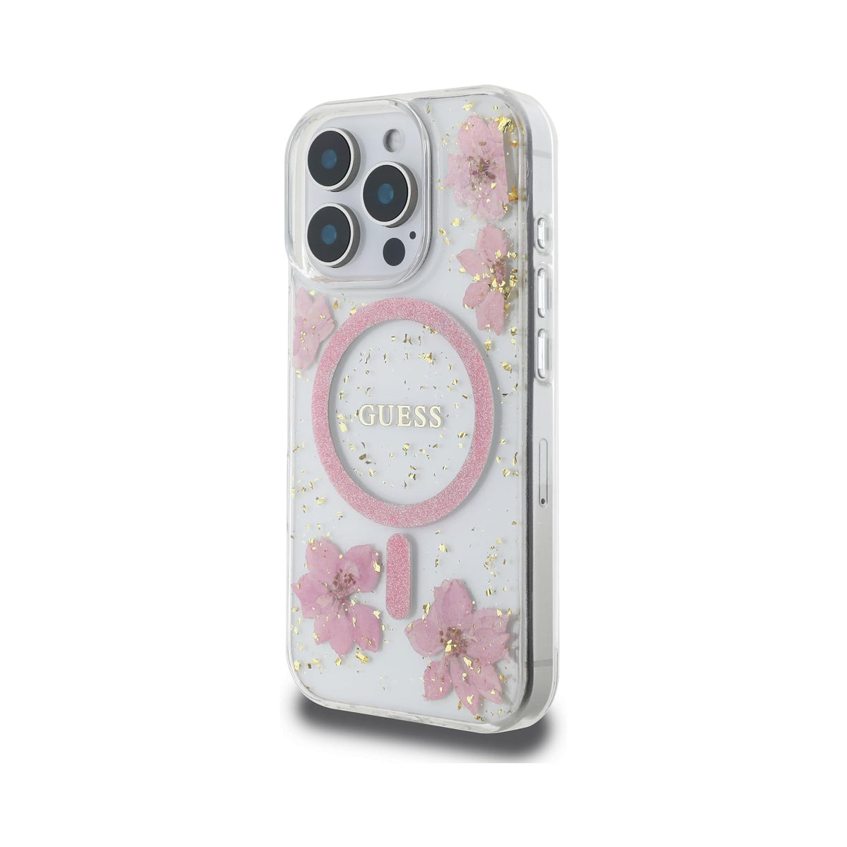 Guess Funda Flores Brillantes para iPhone 16 Pro Max Compatible con MagSafe y Protección Anticaídas, Transparente