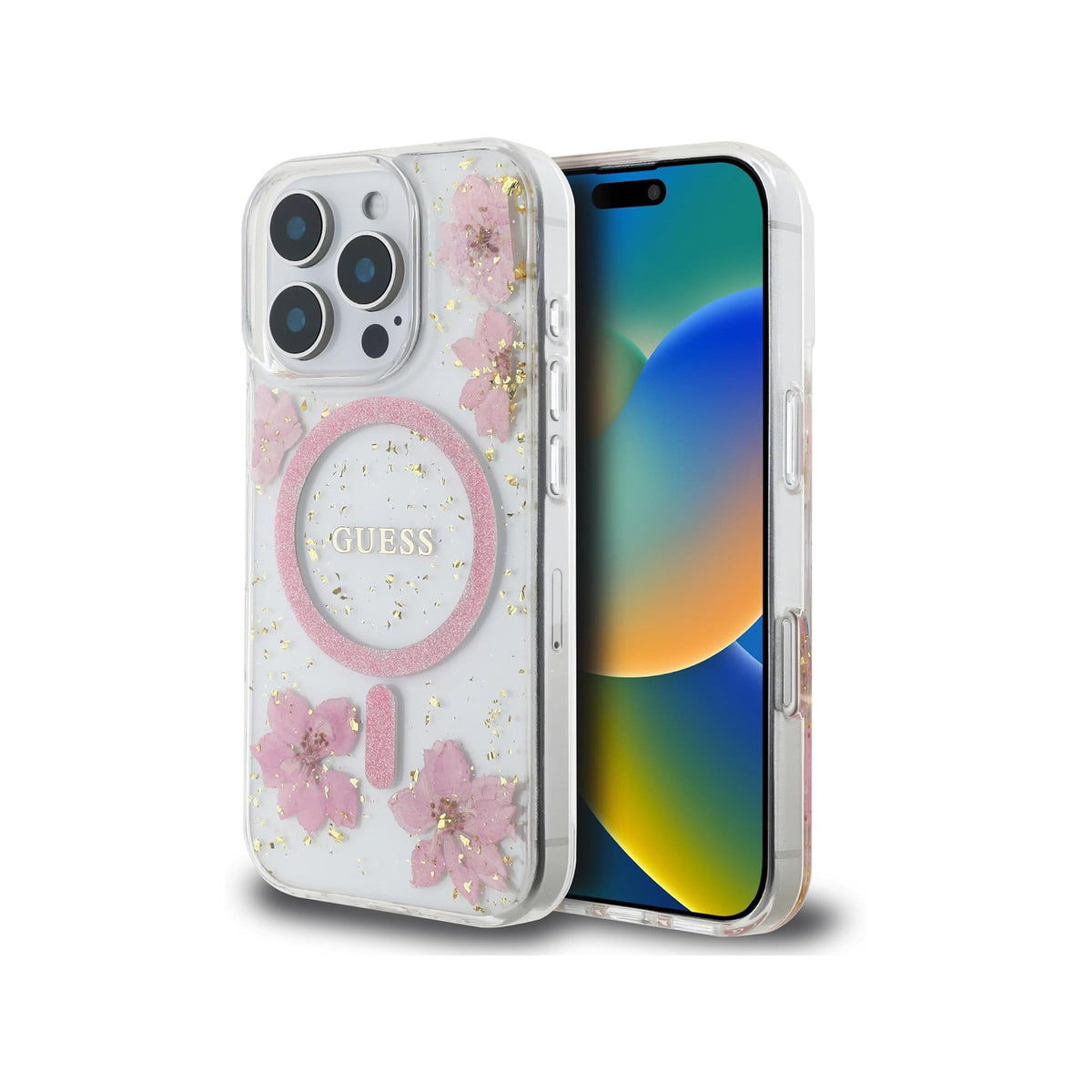 Guess Funda Flores Brillantes para iPhone 16 Pro Max Compatible con MagSafe y Protección Anticaídas, Transparente