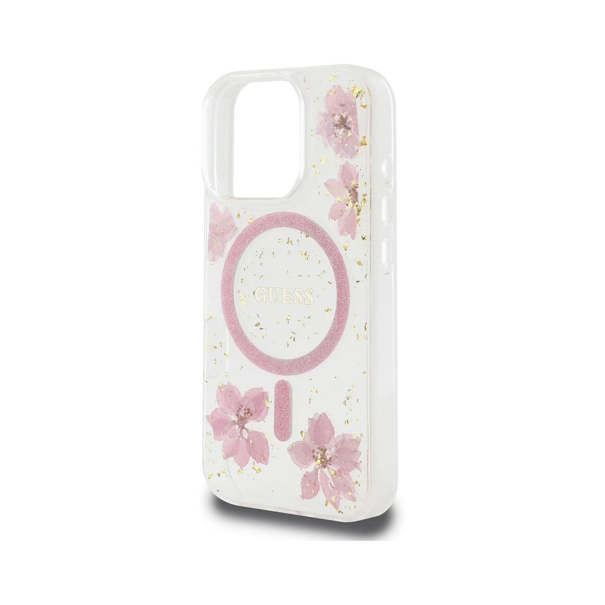 Guess Funda Flores Brillantes para iPhone 16 Pro Max Compatible con MagSafe y Protección Anticaídas, Transparente
