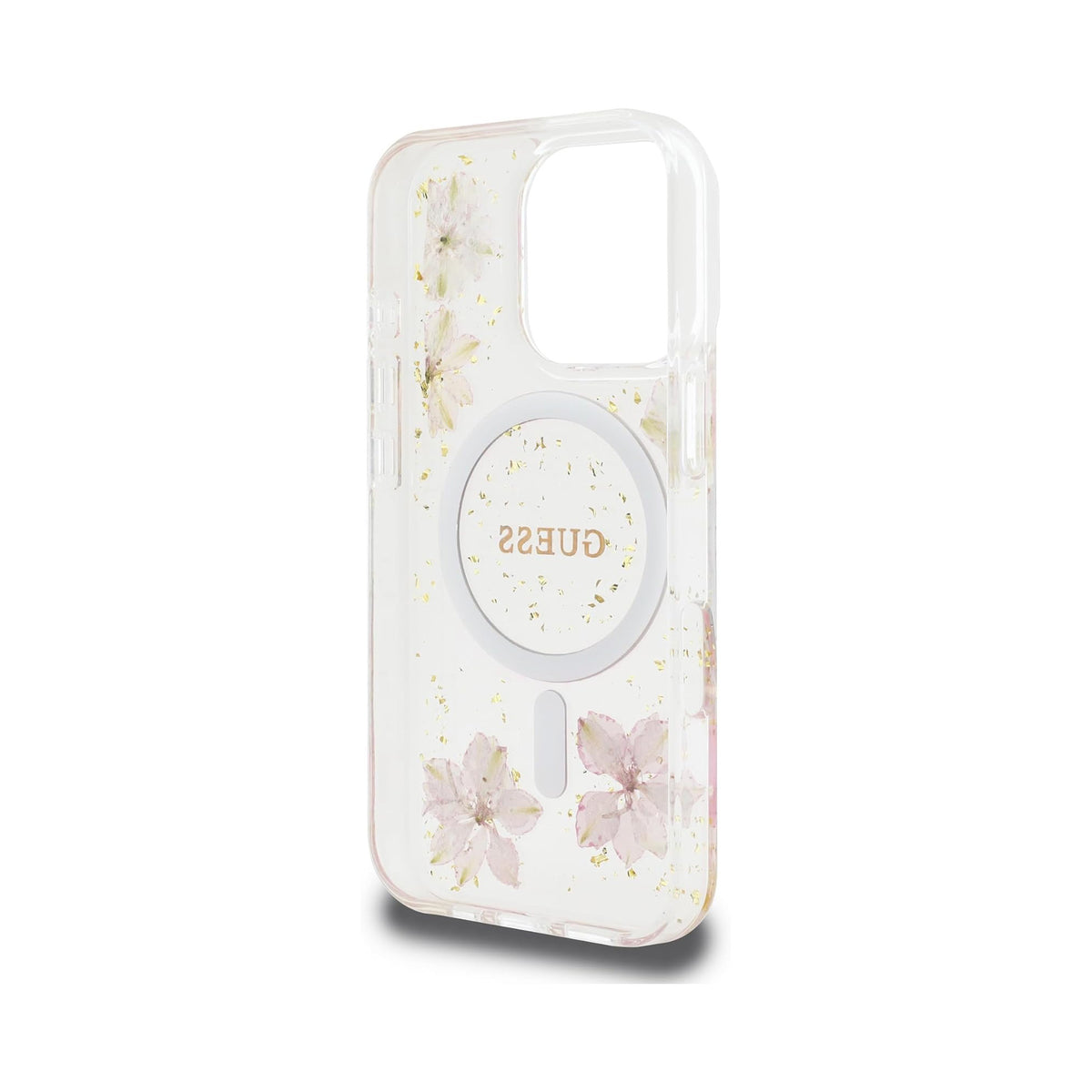 Guess Funda Flores Brillantes para iPhone 16 Pro Max Compatible con MagSafe y Protección Anticaídas, Transparente
