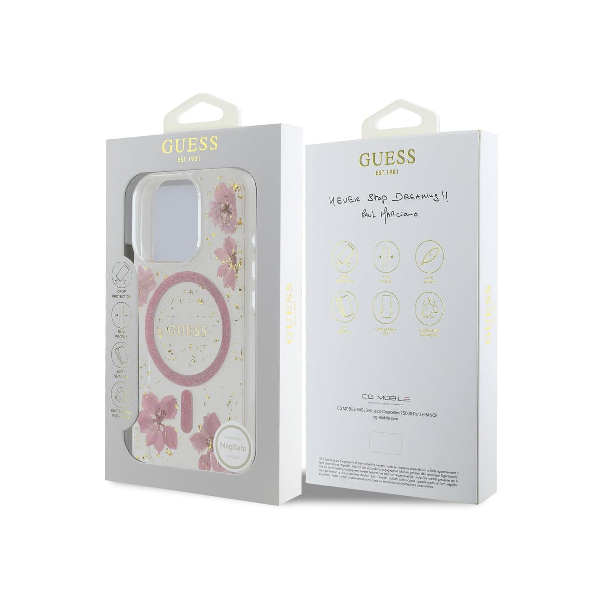 Guess Funda Flores Brillantes para iPhone 16 Pro Max Compatible con MagSafe y Protección Anticaídas, Transparente