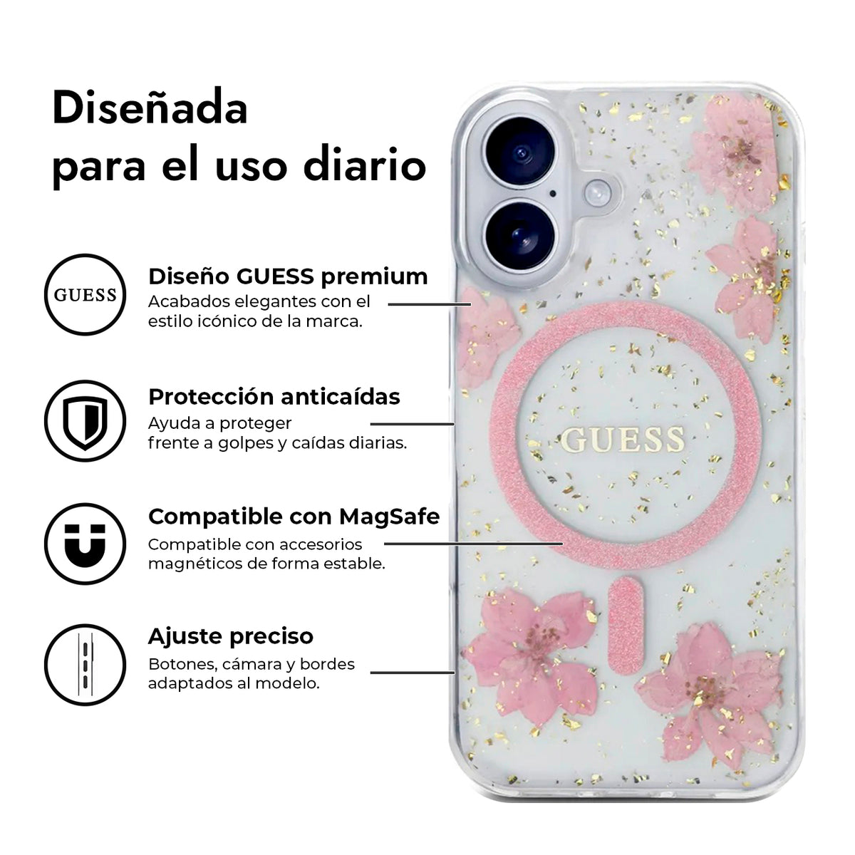 Guess iPhone 16 Case – MagSafe Cover, Pink Floral Design with Gold Accents, Drop Protection and Precise Fit