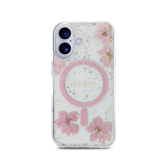 Guess Funda Flores Rosas para iPhone 16 Compatible con MagSafe y Protección Anticaídas, Detalles Dorados