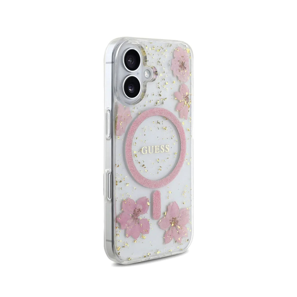 Guess iPhone 16 Case – MagSafe Cover, Pink Floral Design with Gold Accents, Drop Protection and Precise Fit