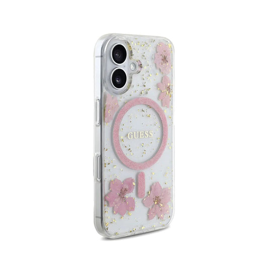 Guess Funda Flores Rosas para iPhone 16 Compatible con MagSafe y Protección Anticaídas, Detalles Dorados
