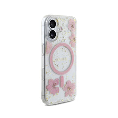Guess Funda Flores Rosas para iPhone 16 Compatible con MagSafe y Protección Anticaídas, Detalles Dorados