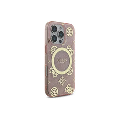 Guess Funda para iPhone 16 – Carcasa con MagSafe, Diseño de Flores Rosas con Detalles Dorados, Protección Anticaídas y Ajuste Preciso
