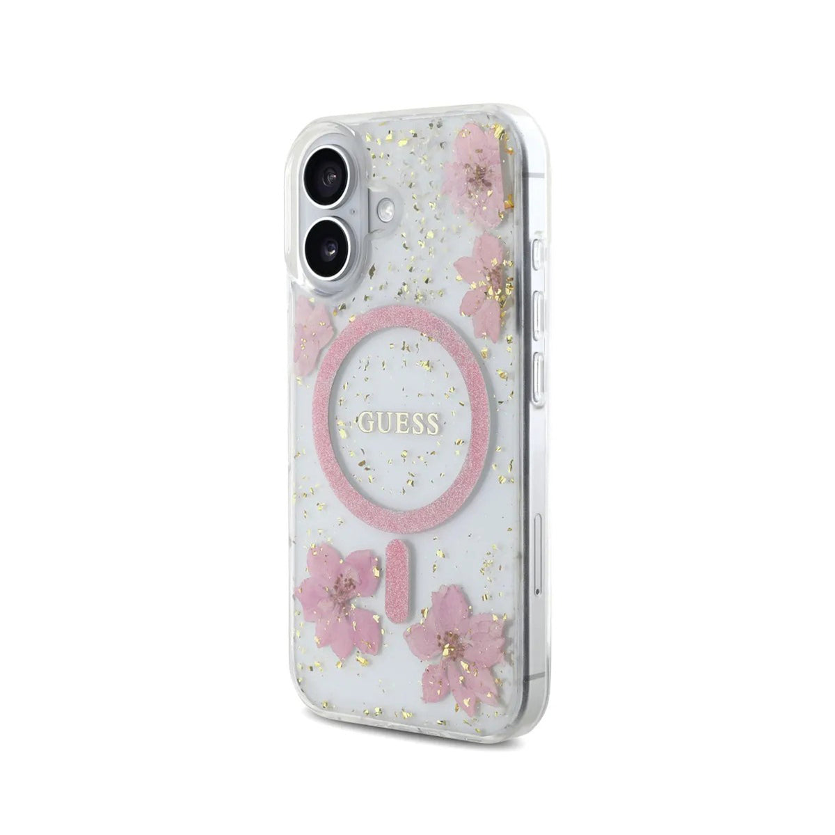 Guess iPhone 16 Case – MagSafe Cover, Pink Floral Design with Gold Accents, Drop Protection and Precise Fit