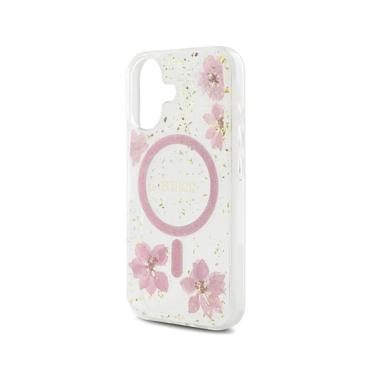 Guess iPhone 16 Case – MagSafe Cover, Pink Floral Design with Gold Accents, Drop Protection and Precise Fit