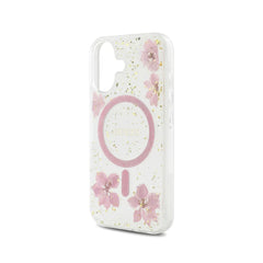 Guess Funda Flores Rosas para iPhone 16 Compatible con MagSafe y Protección Anticaídas, Detalles Dorados