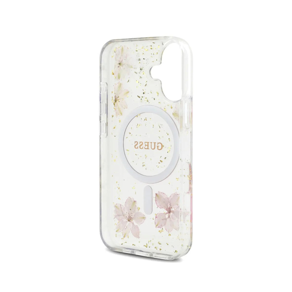 Guess iPhone 16 Case – MagSafe Cover, Pink Floral Design with Gold Accents, Drop Protection and Precise Fit