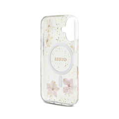 Guess Funda Flores Rosas para iPhone 16 Compatible con MagSafe y Protección Anticaídas, Detalles Dorados