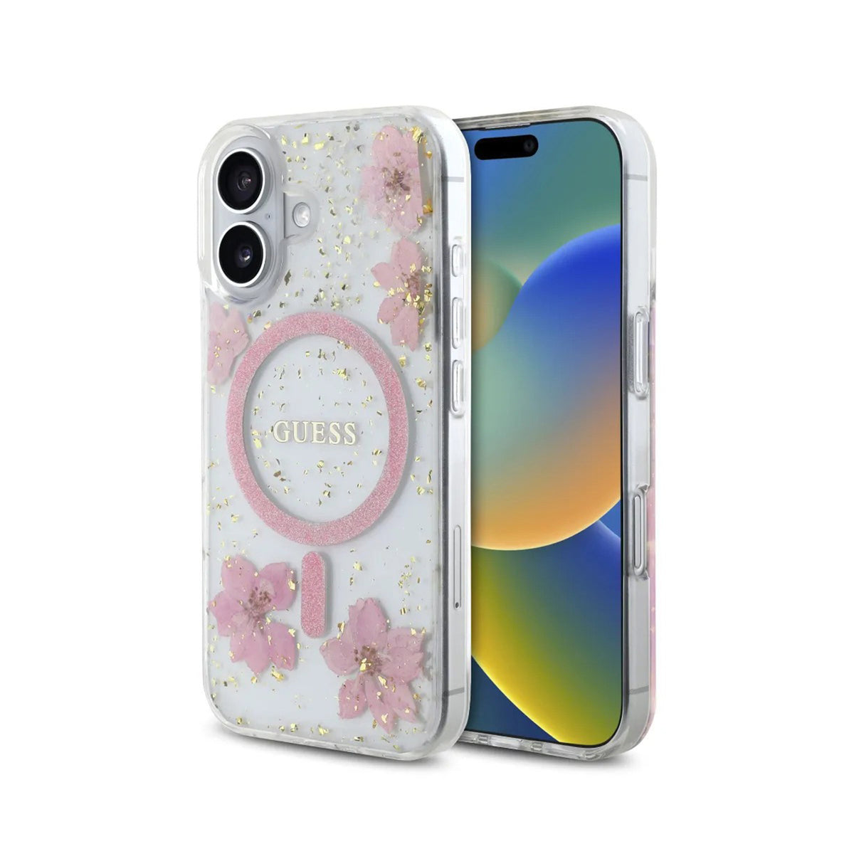 Guess iPhone 16 Case – MagSafe Cover, Pink Floral Design with Gold Accents, Drop Protection and Precise Fit