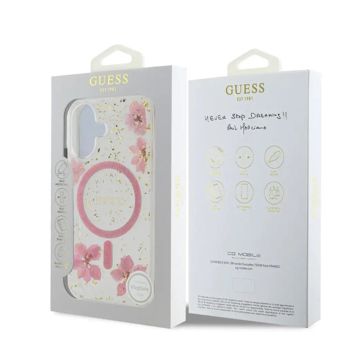 Guess iPhone 16 Case – MagSafe Cover, Pink Floral Design with Gold Accents, Drop Protection and Precise Fit