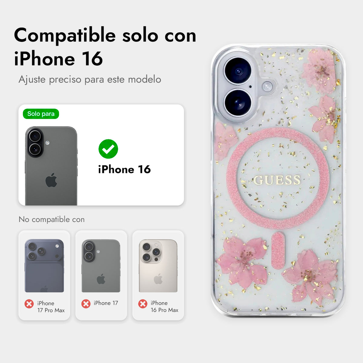 Guess iPhone 16 Case – MagSafe Cover, Pink Floral Design with Gold Accents, Drop Protection and Precise Fit