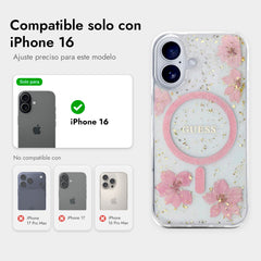 Guess Funda Flores Rosas para iPhone 16 Compatible con MagSafe y Protección Anticaídas, Detalles Dorados