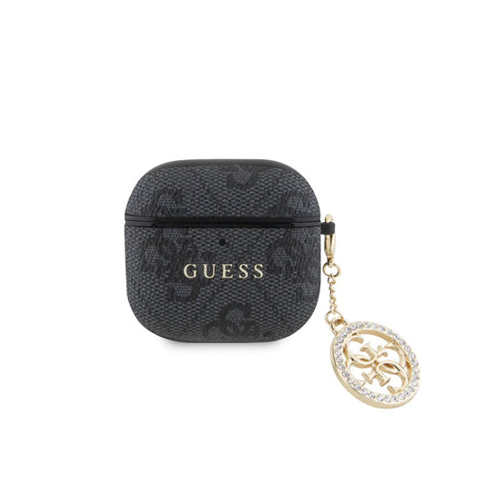 Guess Funda para AirPods 4 – Carcasa de Polipiel Negra con Logo 4G y Charm con Piedras Brillantes, Protección Segura y Ajuste Preciso