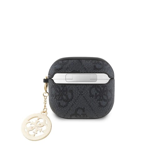 Guess Funda para AirPods 4 – Carcasa de Polipiel Negra con Logo 4G y Charm con Piedras Brillantes, Protección Segura y Ajuste Preciso