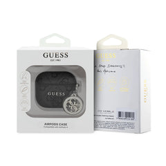 Guess Funda para AirPods 4 de Polipiel con Logo 4G, Charm de Piedras Brillantes y Protección Segura, Negra