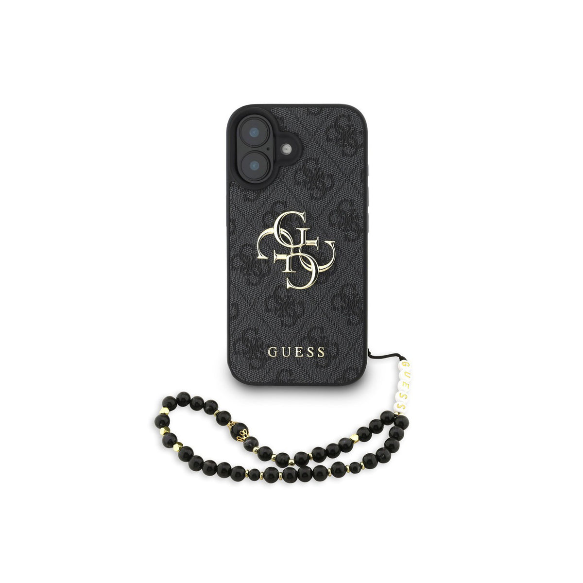 GUESS Funda de Polipiel Logo 4G Clásico para iPhone 16 con Correa de Perlas y Protección Anticaídas, Negra