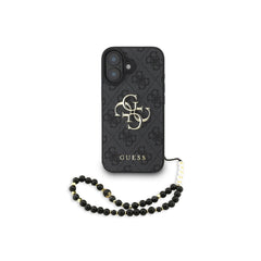 GUESS Funda para iPhone 16 – Carcasa de Polipiel Negra con Logo 4G Clásico y Correa de Perlas, Diseño Elegante y Ajuste Preciso