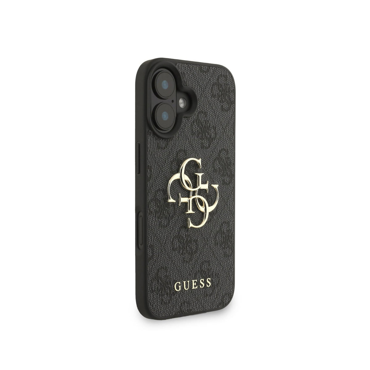 GUESS Funda de Polipiel Logo 4G Clásico para iPhone 16 con Correa de Perlas y Protección Anticaídas, Negra