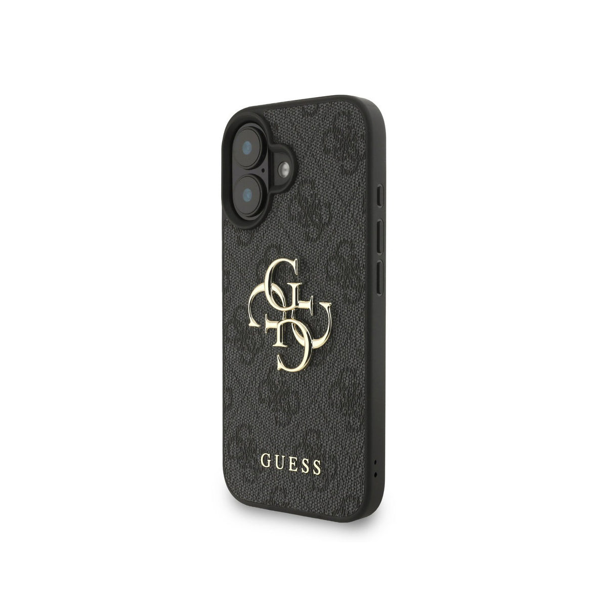 GUESS Funda de Polipiel Logo 4G Clásico para iPhone 16 con Correa de Perlas y Protección Anticaídas, Negra
