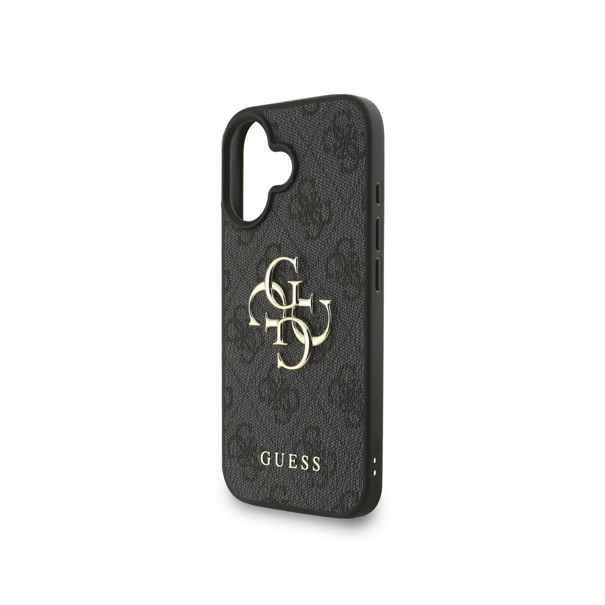 GUESS Funda de Polipiel Logo 4G Clásico para iPhone 16 con Correa de Perlas y Protección Anticaídas, Negra