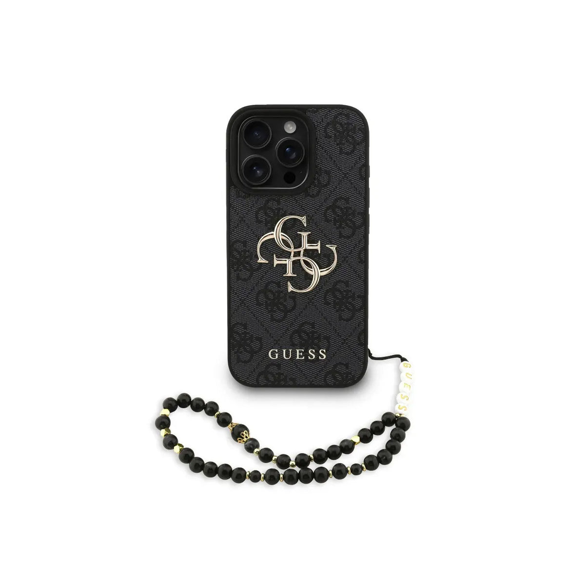 GUESS Funda para iPhone 16 Pro – Carcasa de Polipiel Negra con Logo 4G Clásico y Correa de Perlas, Diseño Elegante y Ajuste Preciso