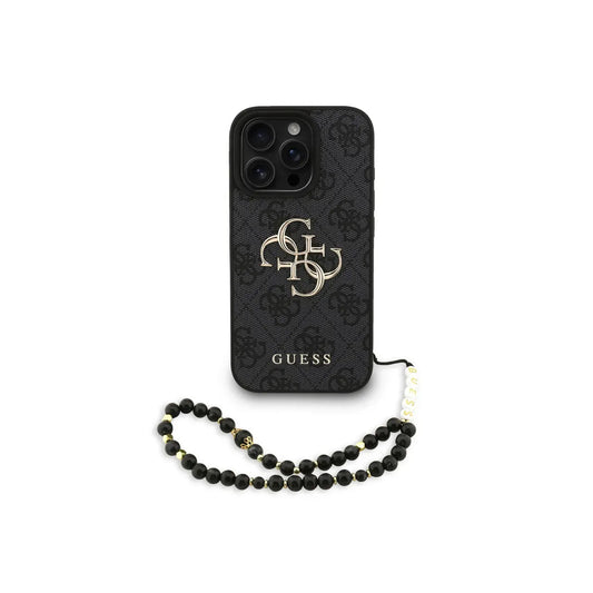 GUESS Funda de Polipiel Logo 4G Clásico para iPhone 16 Pro con Correa de Perlas y Protección Anticaídas, Negra