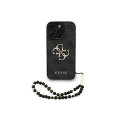 GUESS Funda para iPhone 16 Pro – Carcasa de Polipiel Negra con Logo 4G Clásico y Correa de Perlas, Diseño Elegante y Ajuste Preciso