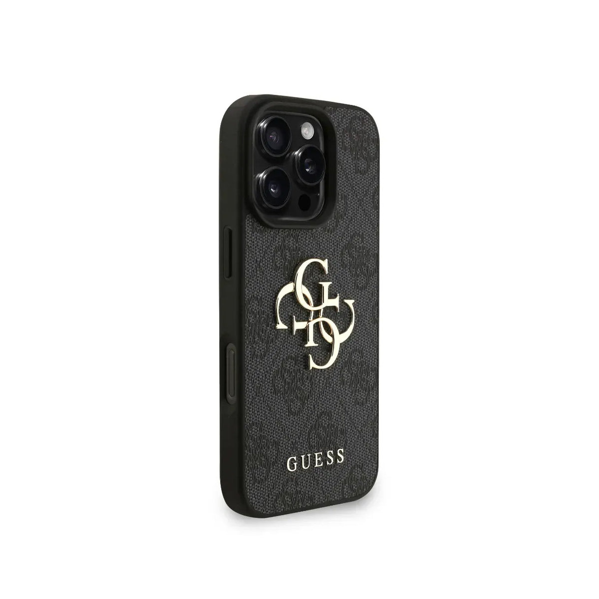 GUESS Funda de Polipiel Logo 4G Clásico para iPhone 16 Pro con Correa de Perlas y Protección Anticaídas, Negra