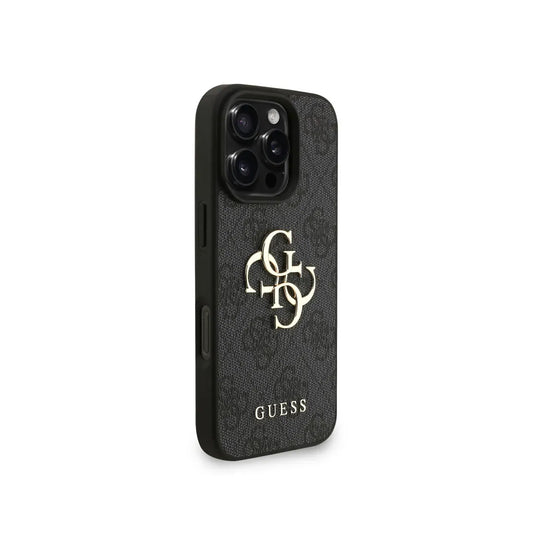GUESS Funda de Polipiel Logo 4G Clásico para iPhone 16 Pro con Correa de Perlas y Protección Anticaídas, Negra