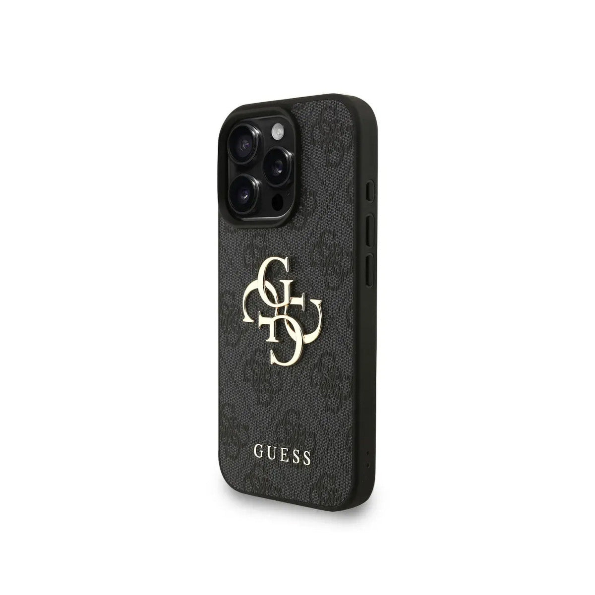 GUESS Funda de Polipiel Logo 4G Clásico para iPhone 16 Pro con Correa de Perlas y Protección Anticaídas, Negra