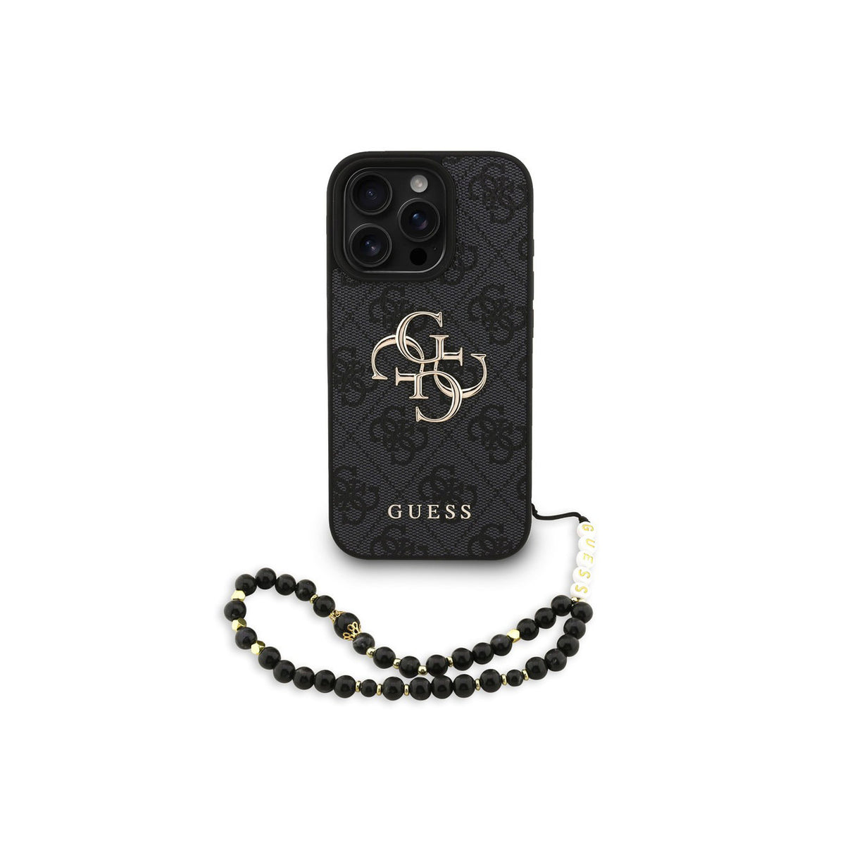 GUESS Funda para iPhone 16 Pro Max – Carcasa de Polipiel Negra con Logo 4G Clásico y Correa de Perlas, Diseño Elegante y Ajuste Preciso