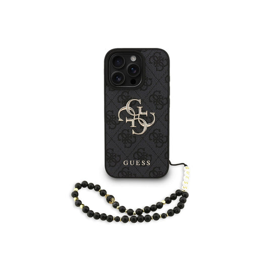 GUESS Funda de Polipiel Logo 4G Clásico para iPhone 16 Pro Max con Correa de Perlas y Protección Anticaídas, Negra