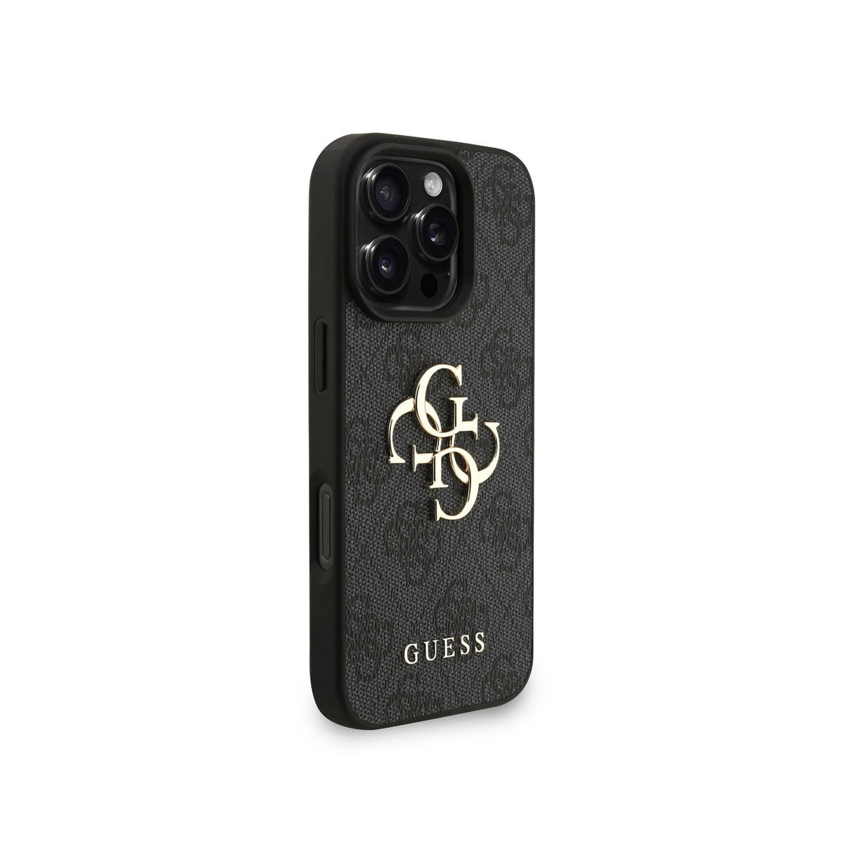 GUESS Funda de Polipiel Logo 4G Clásico para iPhone 16 Pro Max con Correa de Perlas y Protección Anticaídas, Negra