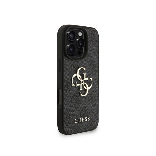 GUESS Funda de Polipiel Logo 4G Clásico para iPhone 16 Pro Max con Correa de Perlas y Protección Anticaídas, Negra