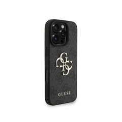 GUESS Funda de Polipiel Logo 4G Clásico para iPhone 16 Pro Max con Correa de Perlas y Protección Anticaídas, Negra