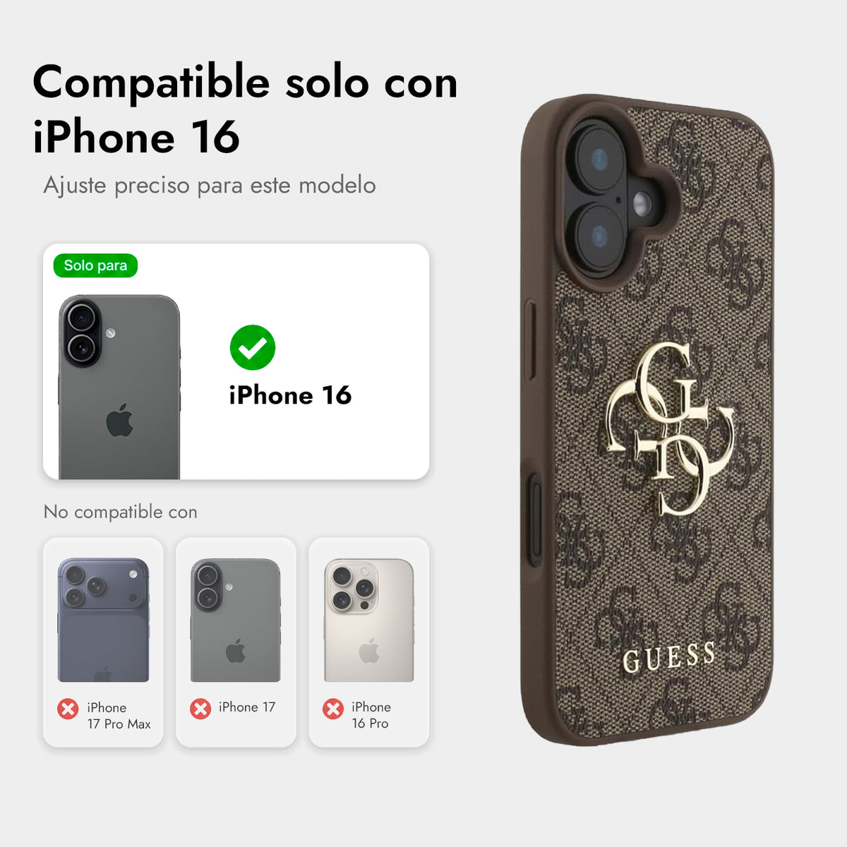 GUESS iPhone 16 Case – Brown Faux Leather Case with Classic 4G Logo and Pearl Strap, Elegant Design and Precise Fit