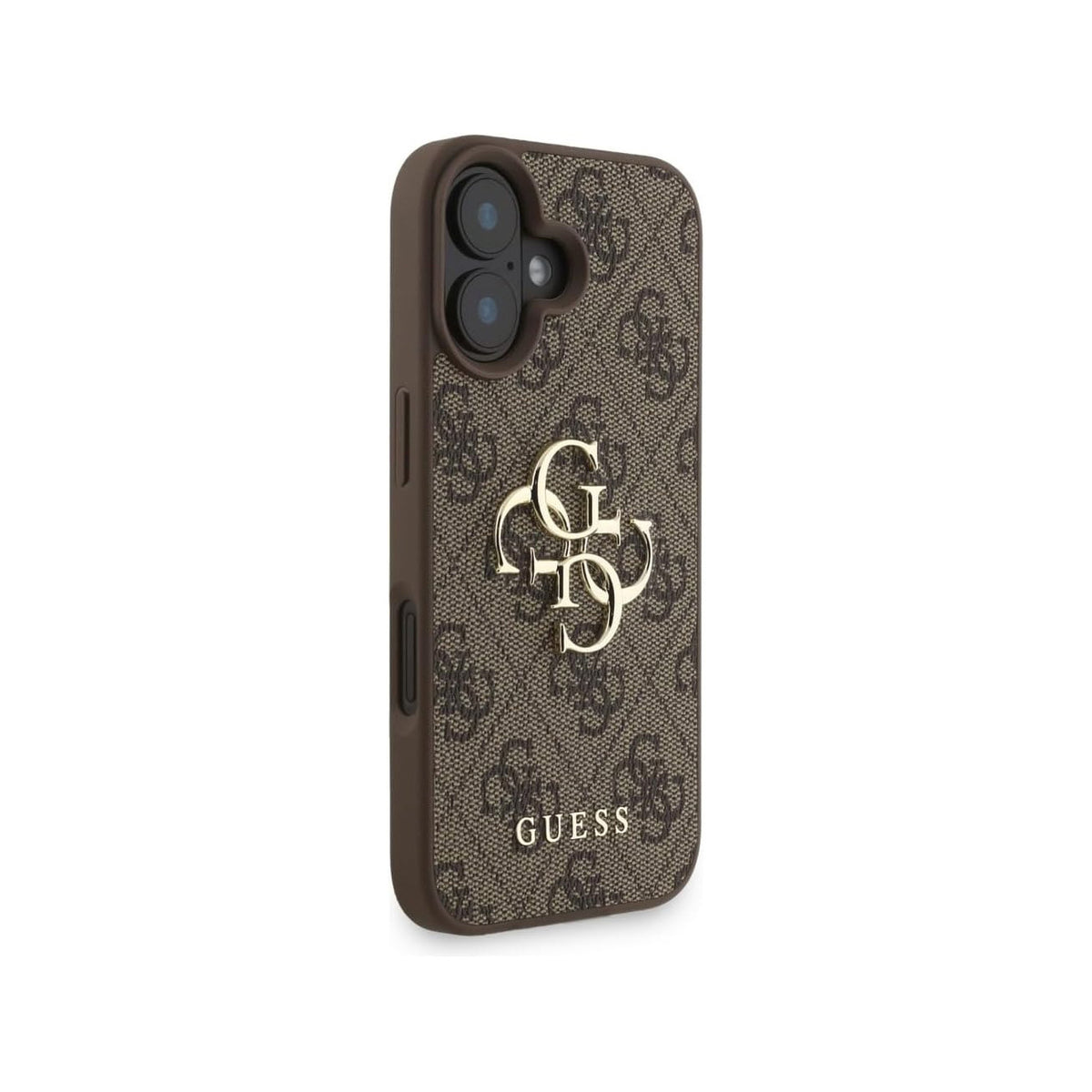 GUESS iPhone 16 Case – Brown Faux Leather Case with Classic 4G Logo and Pearl Strap, Elegant Design and Precise Fit