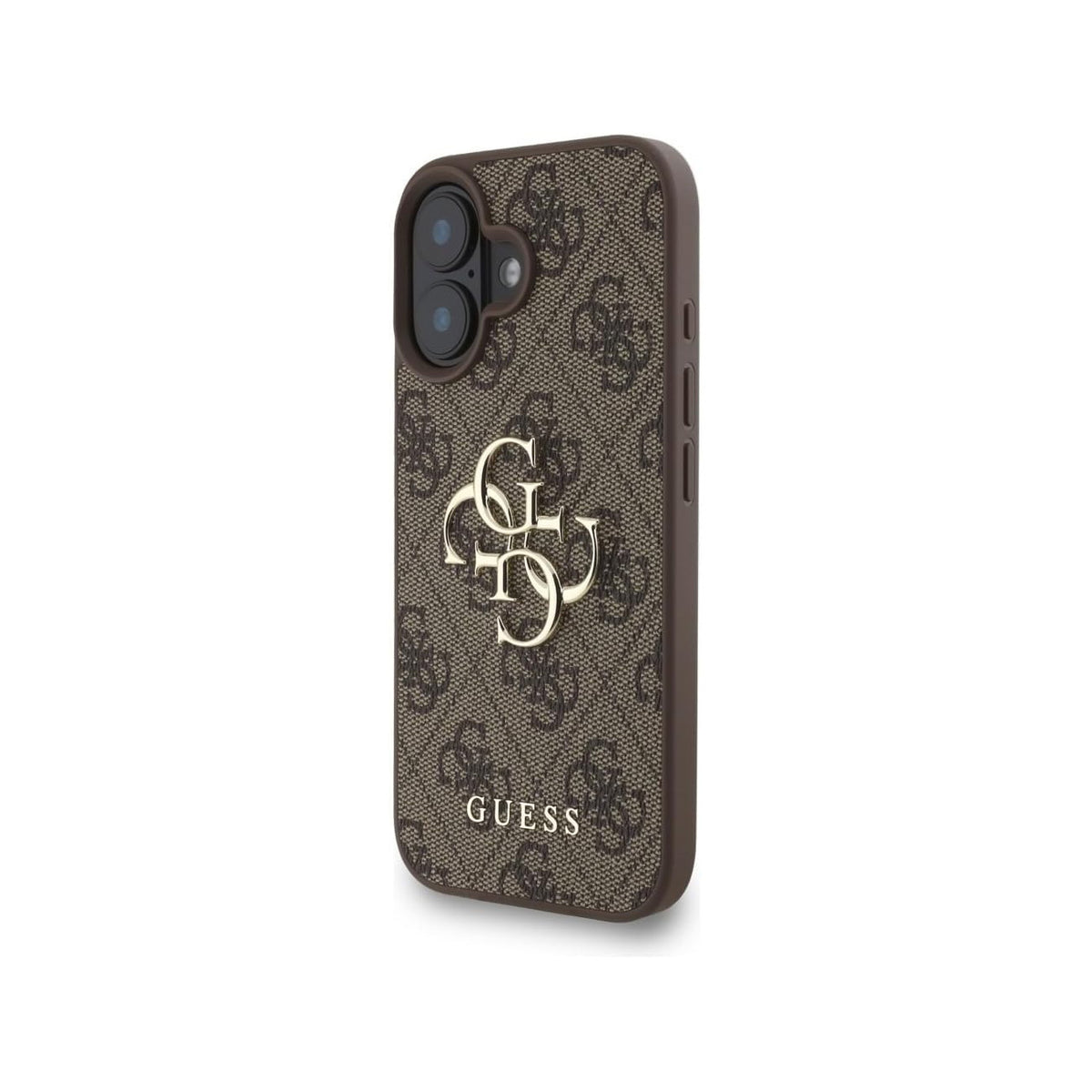 GUESS iPhone 16 Case – Brown Faux Leather Case with Classic 4G Logo and Pearl Strap, Elegant Design and Precise Fit