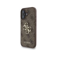 GUESS Funda de Polipiel Logo 4G Clásico para iPhone 16 con Correa de Perlas y Protección Anticaídas, Marrón
