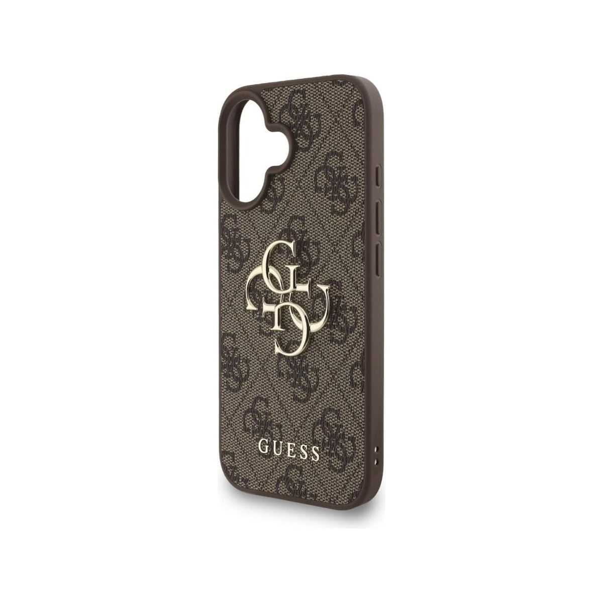 GUESS iPhone 16 Case – Brown Faux Leather Case with Classic 4G Logo and Pearl Strap, Elegant Design and Precise Fit