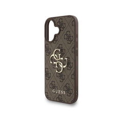 GUESS Funda de Polipiel Logo 4G Clásico para iPhone 16 con Correa de Perlas y Protección Anticaídas, Marrón